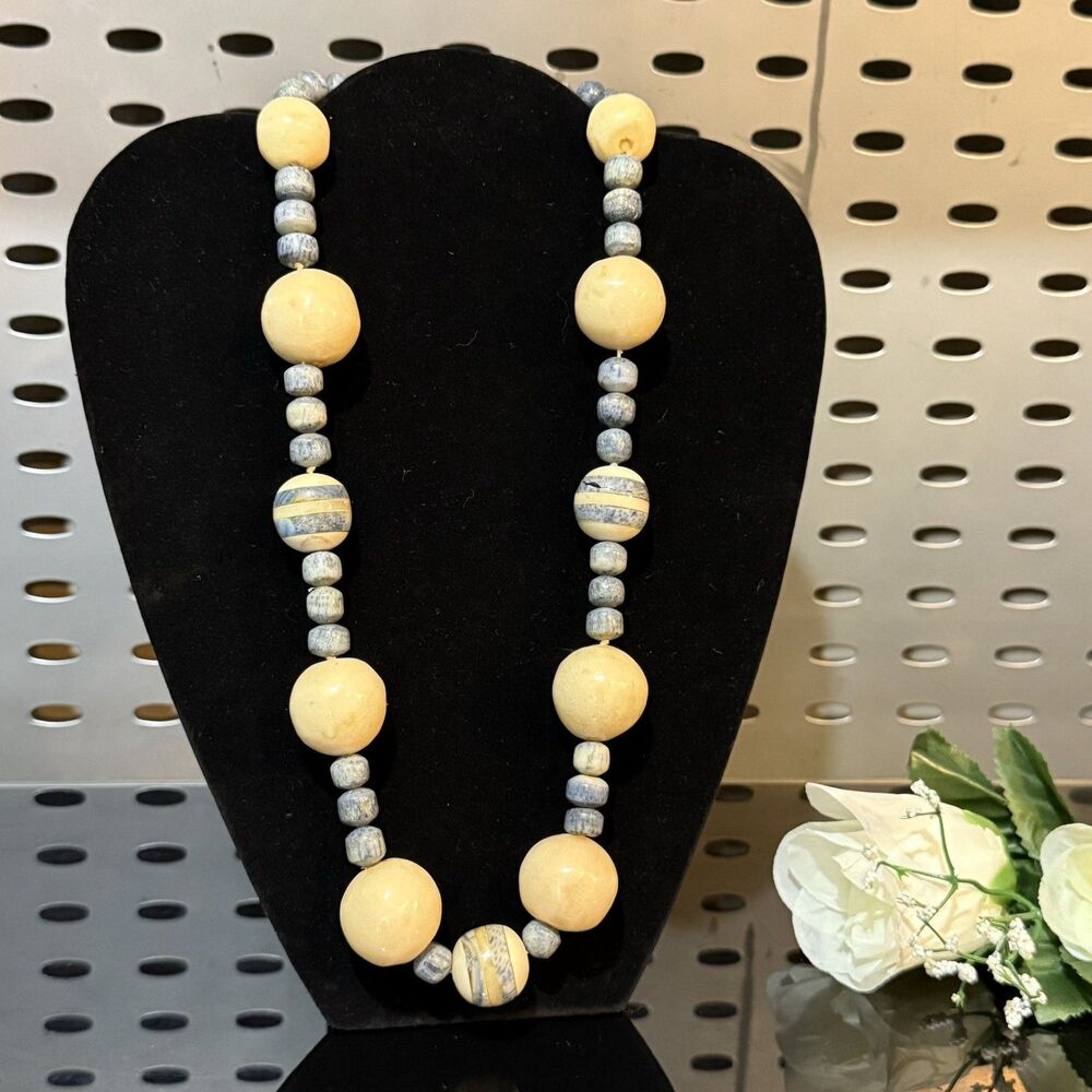 Handcrafted Chunky Ceramic Beaded Necklace – Blue & Cream Statement Jewelry - Picture 2 of 14